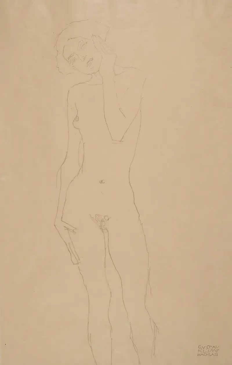 Stående flicka, naken, framifrån av Gustav Klimt
