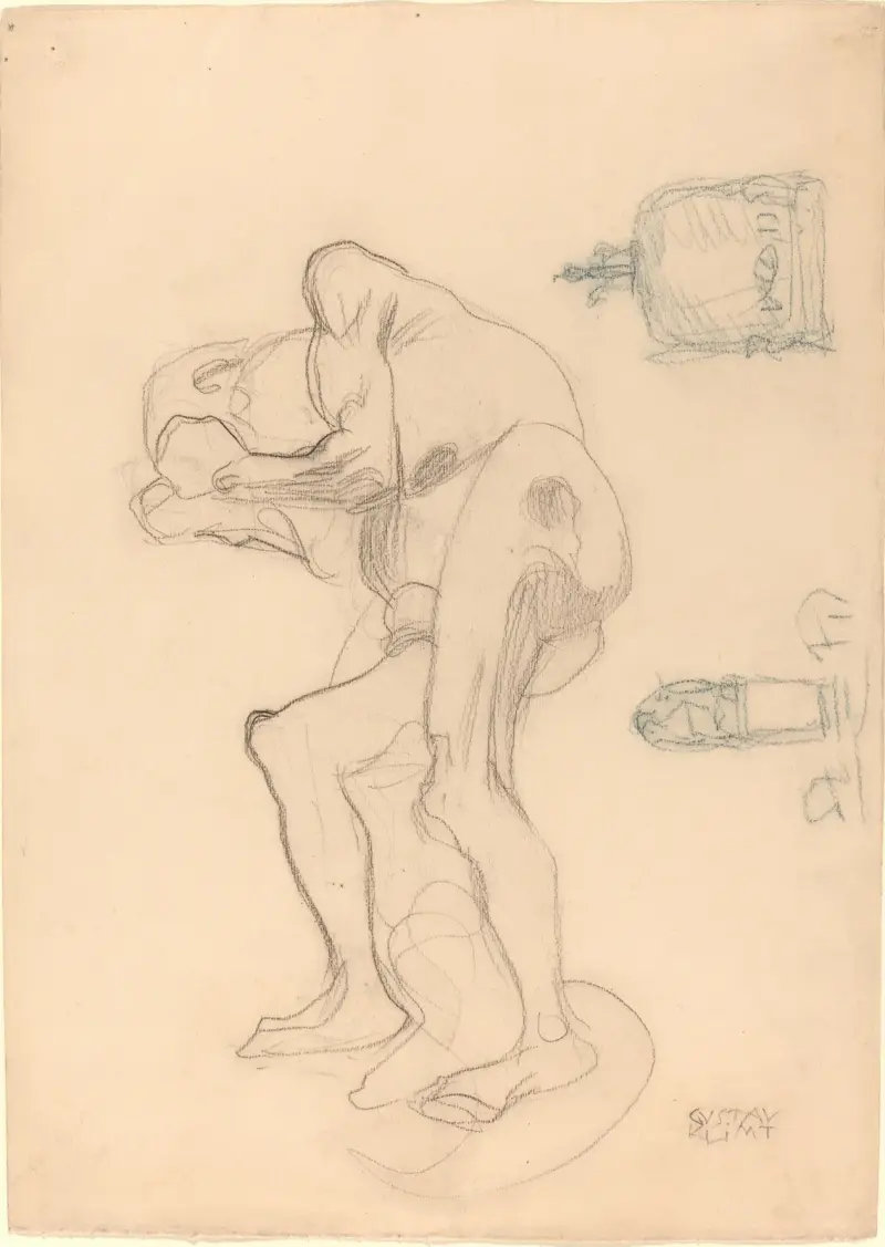 Studie av en naken äldre kvinna med knutna nävar och två dekorativa föremål av Gustav Klimt