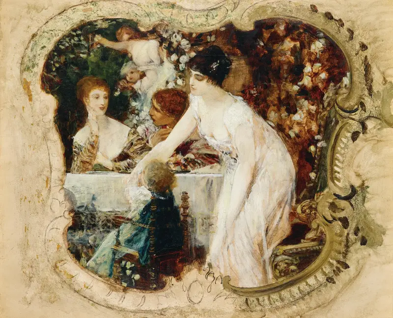 Bordets fröjder, studie till stadsteatern i Karlsbad (idag Karlovy Vary) av Gustav Klimt