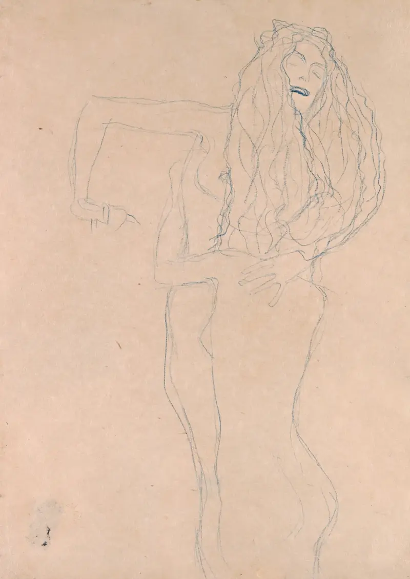 Två nakna kvinnor som omfamnar varandra (Ver Sacrum) av Gustav Klimt