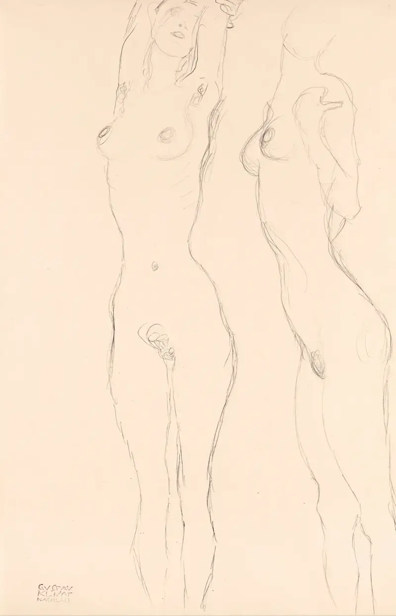 Två nakna gestalter, den vänstra med lyfta armar av Gustav Klimt