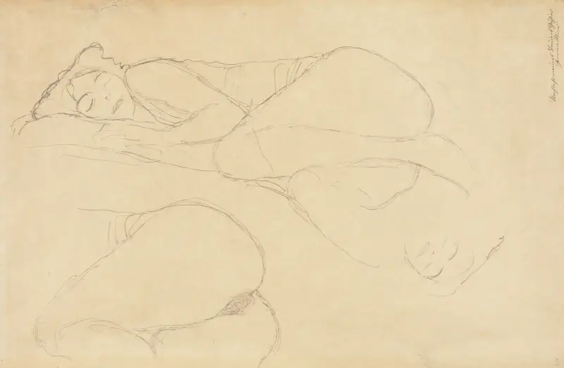 Två studier av en hukande figur åt vänster, huvudstudie av Gustav Klimt