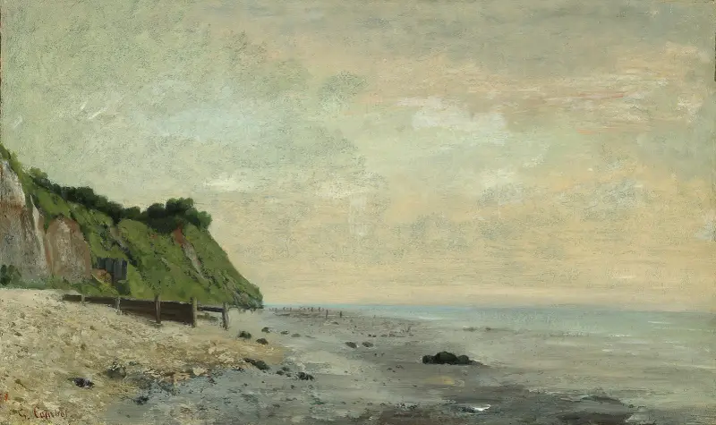 Klippor vid havskusten; liten strand, soluppgång av Gustave Courbet