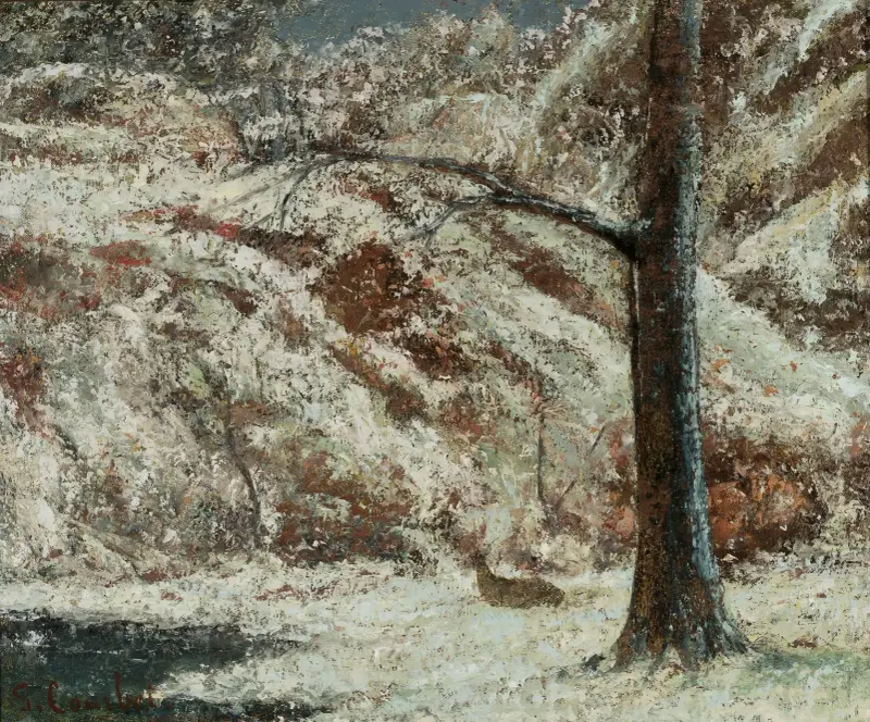 Rådjurskid i snön i skogen av Gustave Courbet