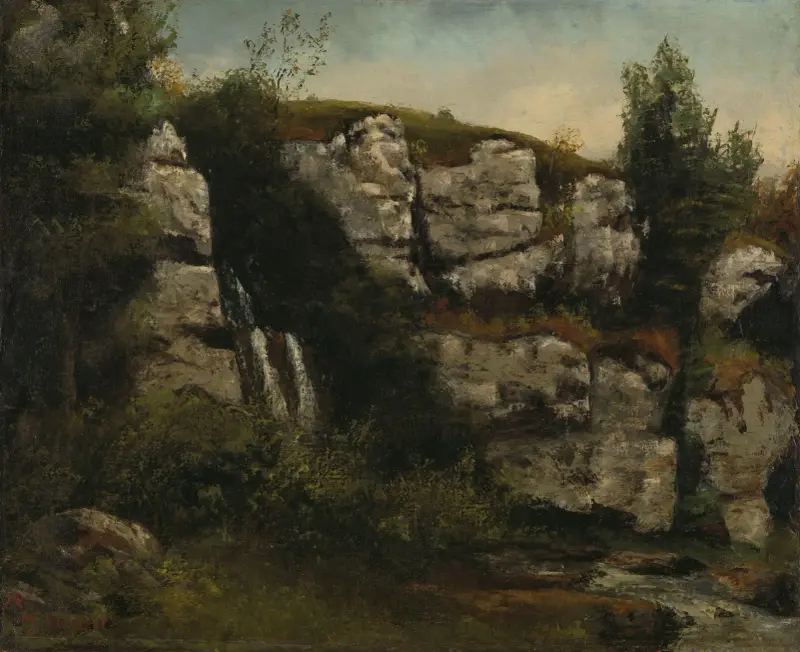 Landskap med klippor och vattenfall av Gustave Courbet