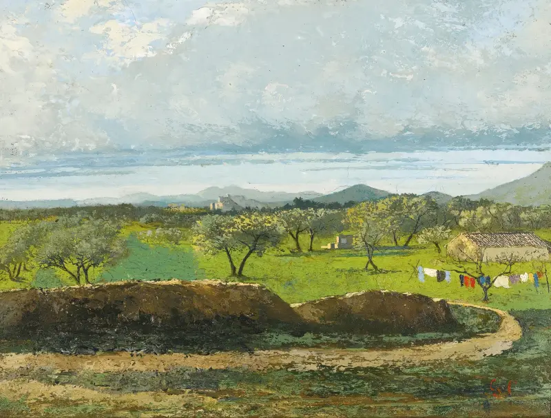 Landskap med mur och fruktträdgård av Gustave Courbet
