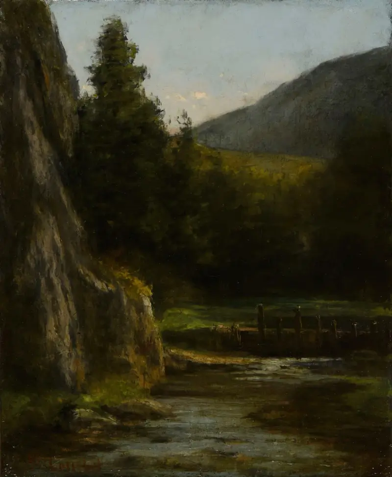 Klippor, tallar, bäck av Gustave Courbet