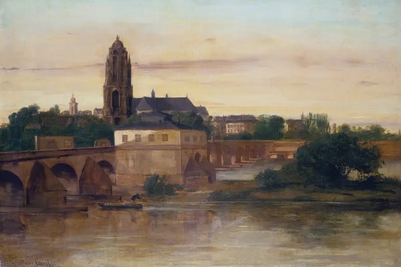 Vy över Frankfurt med den gamla bron från Sachsenhausen av Gustave Courbet