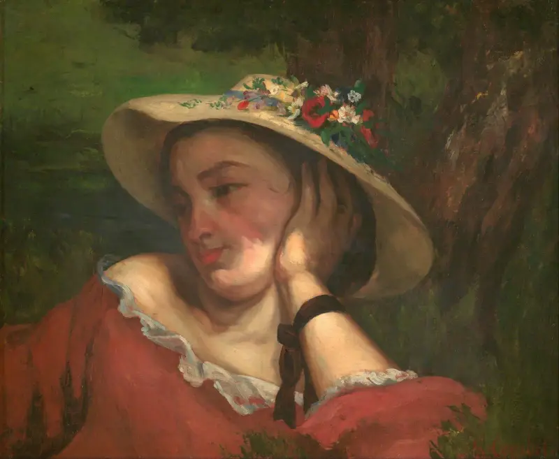 Kvinna med blommor på hatten av Gustave Courbet