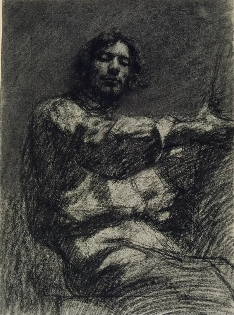 Ung man sittande, studie. Självporträtt kallat Vid staffliet av Gustave Courbet