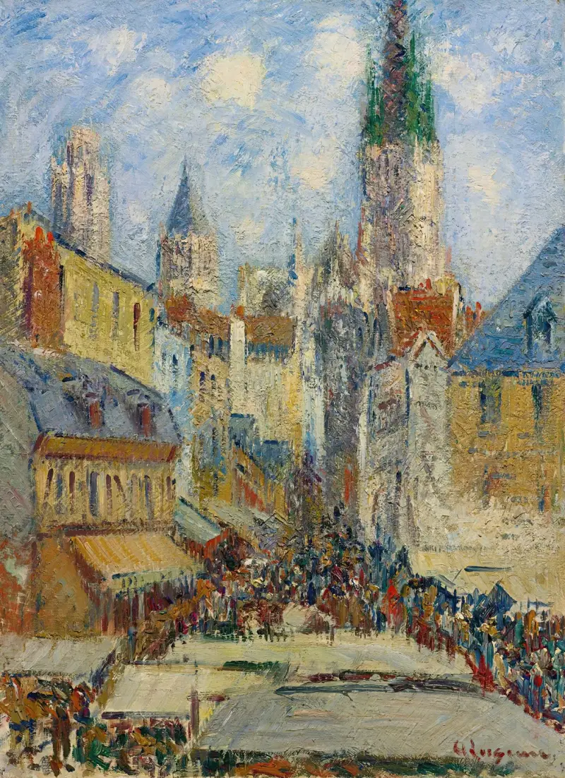 La Place de la Basse, gamla tornet och torghandeln, rue de l’Épicerie av Gustave Loiseau