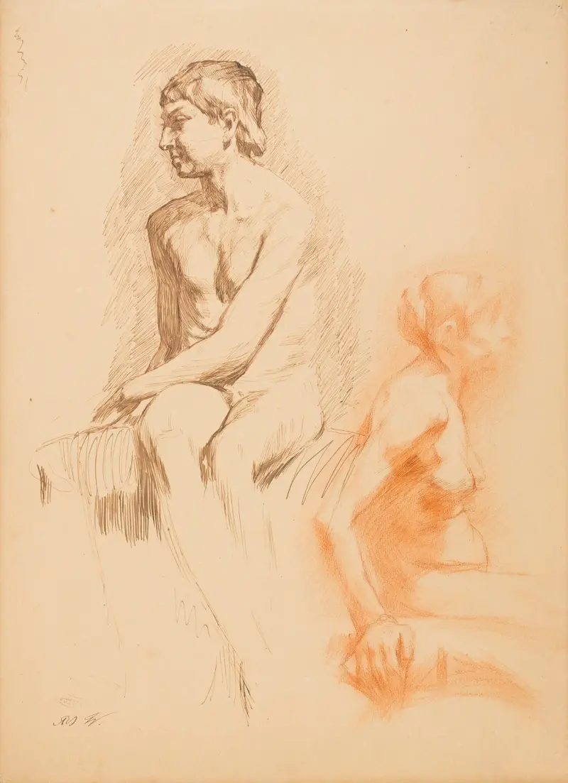 Studie av kvinnlig nakenfigur och naken pojke, sittande av Gustave Vanaise