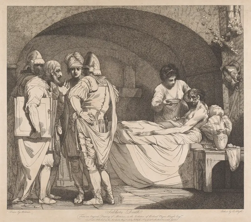 En soldats liv och död; Soldatens död av John Hamilton Mortimer