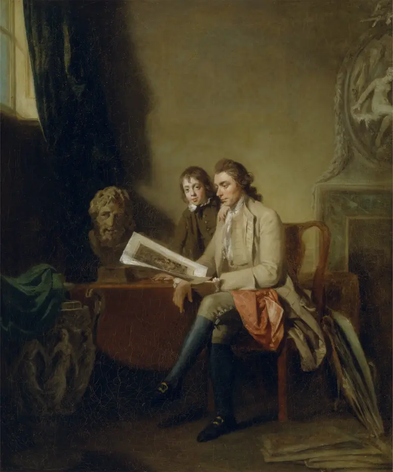 Porträtt av en man och en pojke som tittar på tryck av John Hamilton Mortimer