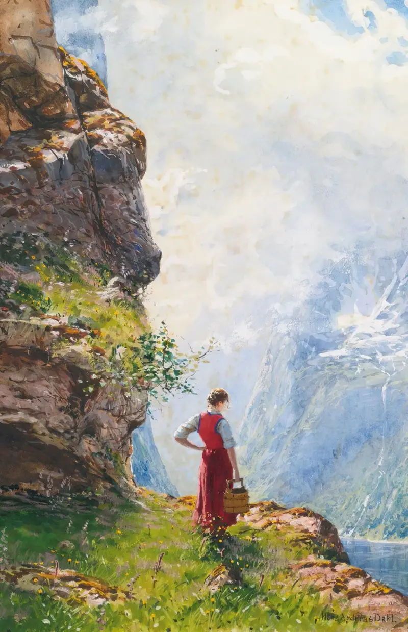 En ung flicka vid en fjord av Hans Dahl