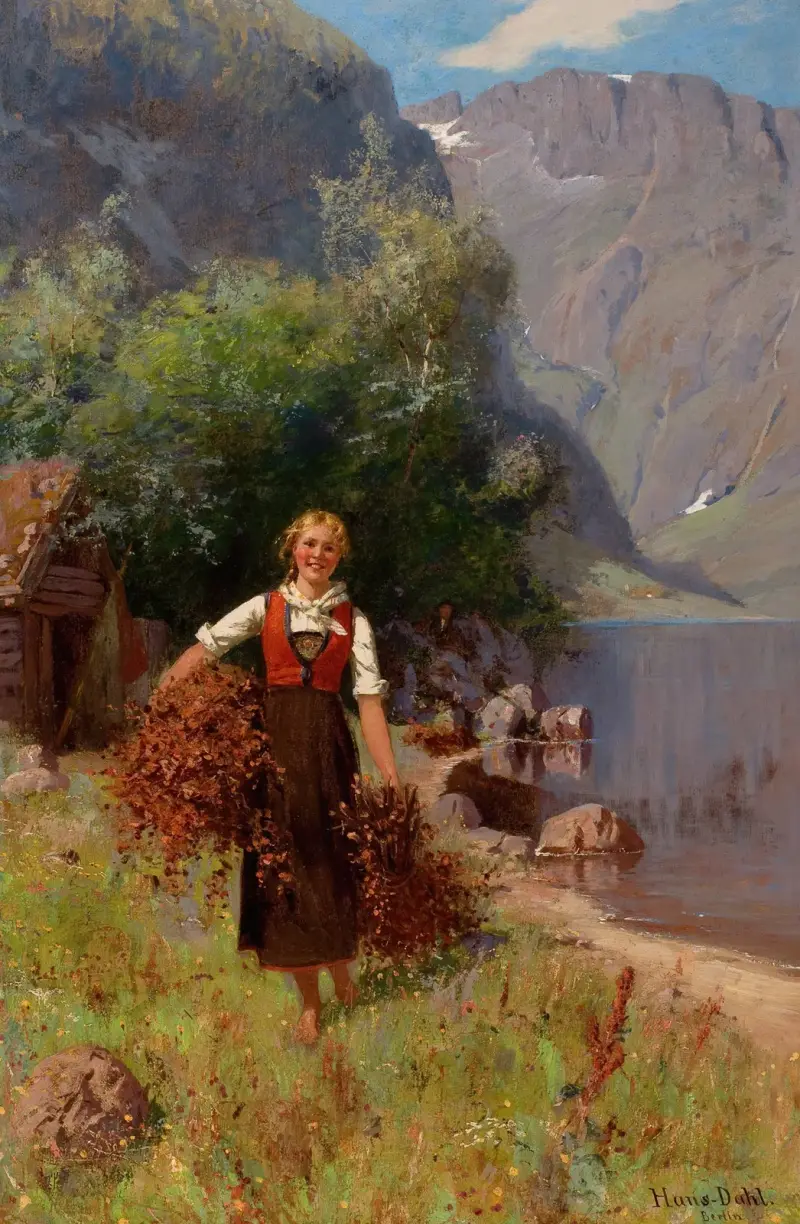 Flicka i fjordlandskap av Hans Dahl