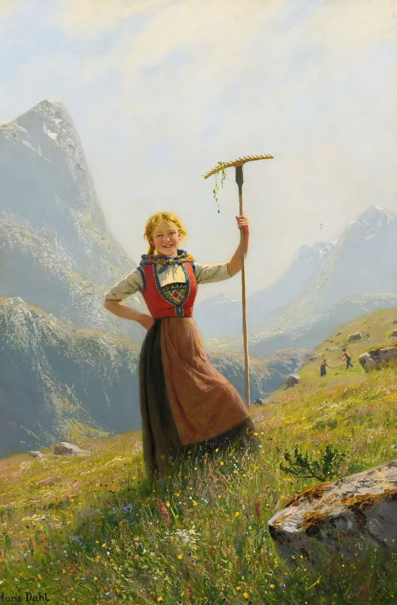 Peasant Girl With A Rake av Hans Dahl
