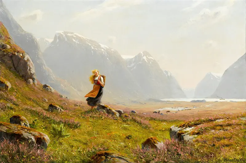 Ung flicka på en sommarlig alpstig av Hans Dahl