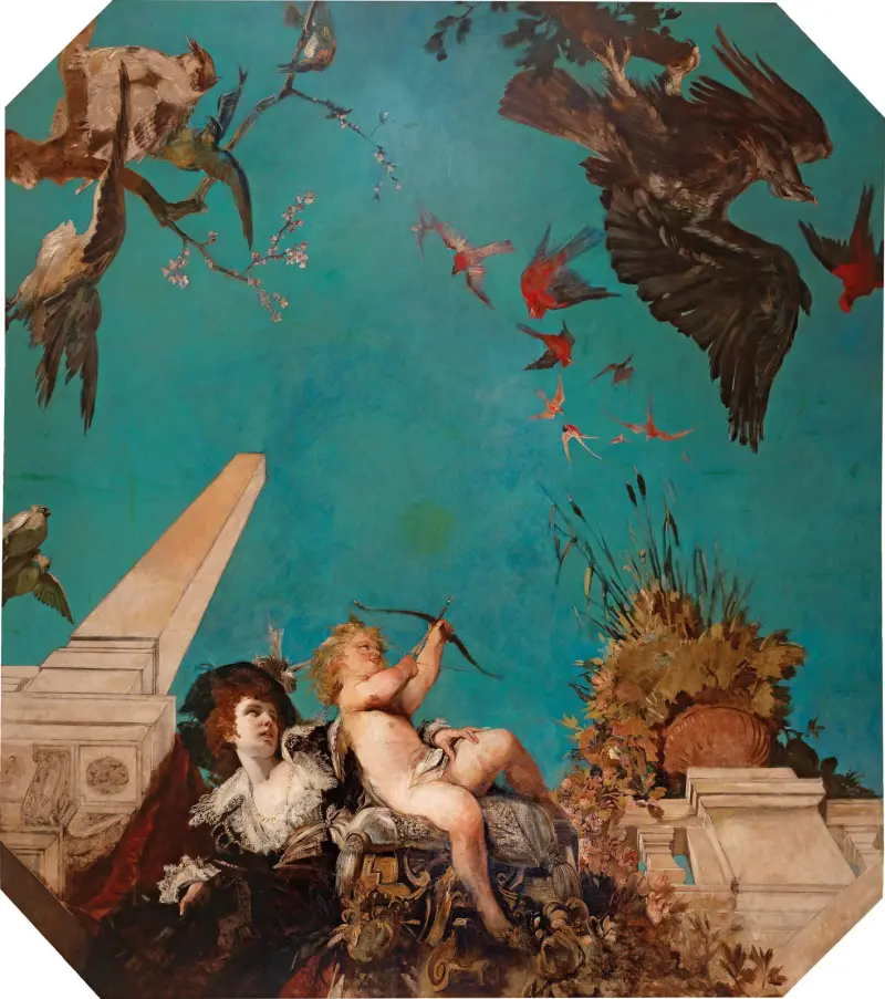 Malowidło sufitowe, dama z amorkiem w pejzażu ogrodowym, Hans Makart