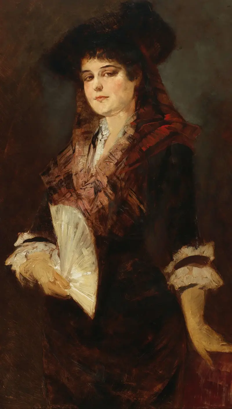 Porträtt av en dam med solfjäder av Hans Makart