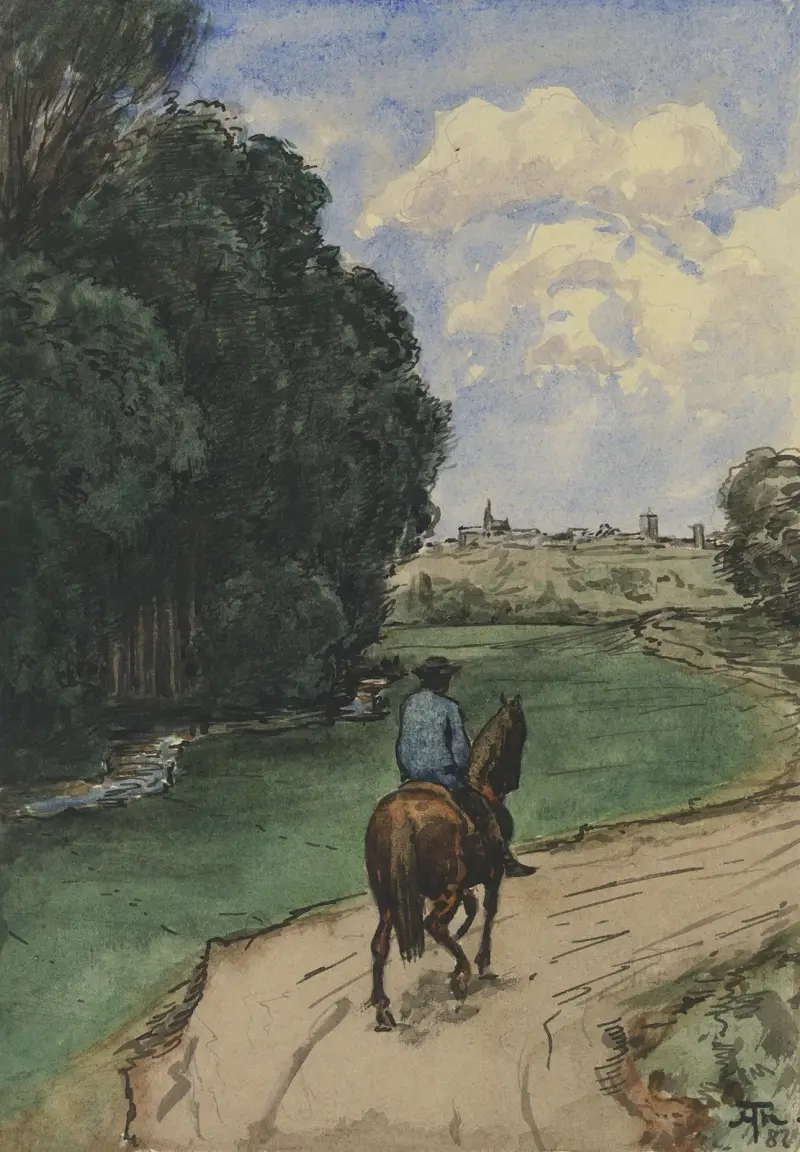 Vid skogsbrynet. Ryttare på en väg, in mot bilden av Hans Thoma