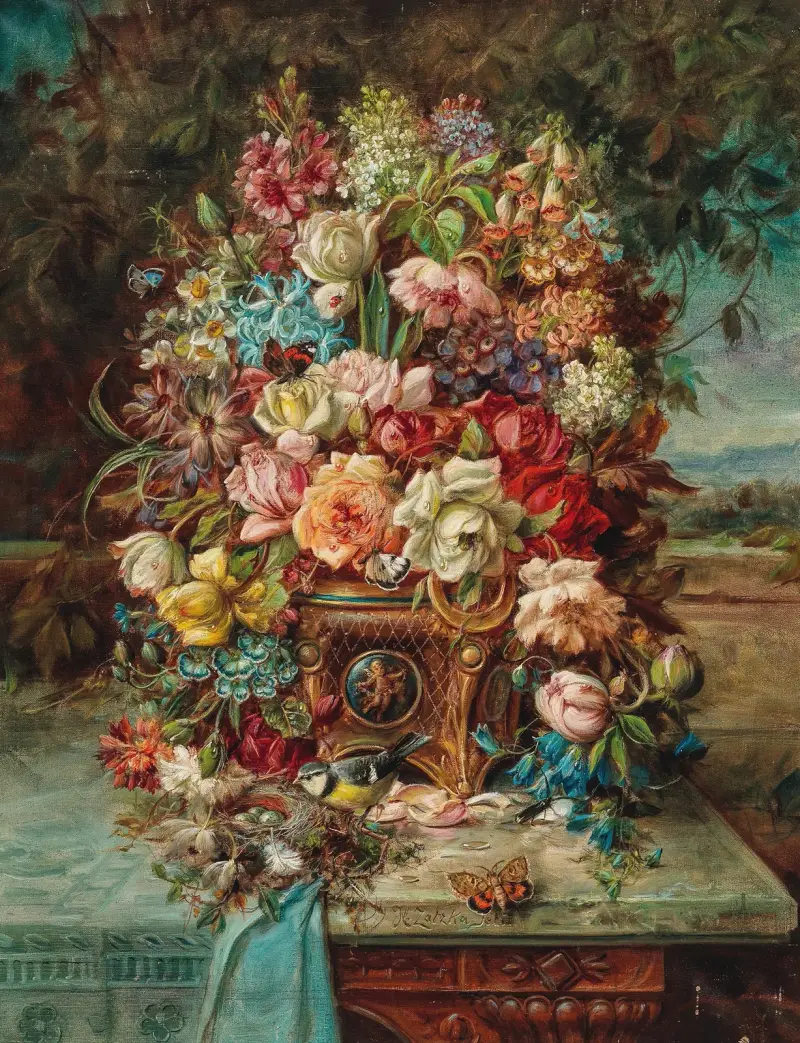 Rikt blomsterstilleben med blåmes framför ett vitt landskap av Hans Zatzka