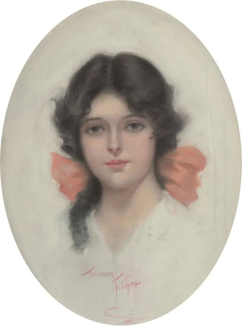 Brunette with Pink Bow av Harrison Fisher