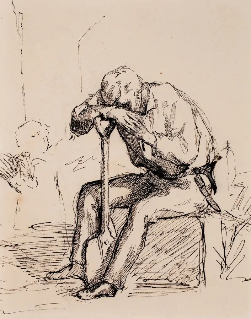 Istuva, lapioonsa nojaava mies, luonnos, Helene Schjerfbeck