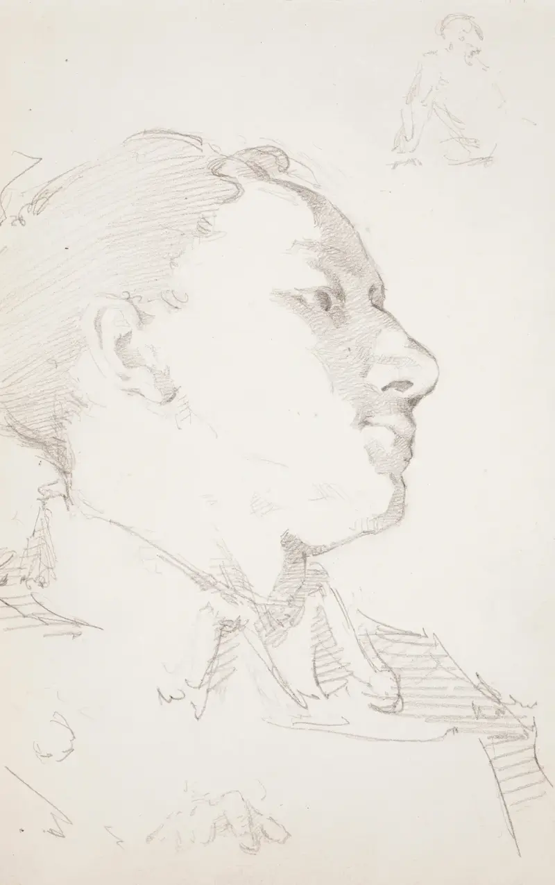 Luonnos maalaukseen Haavoittunut soturi hangella 1880, puolivartalo, kasvot, sormet, Helene Schjerfbeck