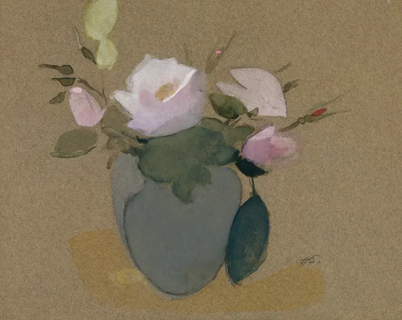 Roses in a Blue-Green Vase, Helene Schjerfbeck