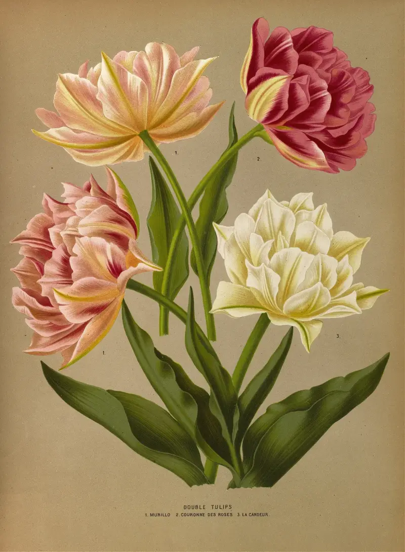 Dubbla tulpaner: 1. 'Murillo'. 2. 'Couronne des Roses'. 3. 'La Candeur' av Arentina Hendrica Arendsen