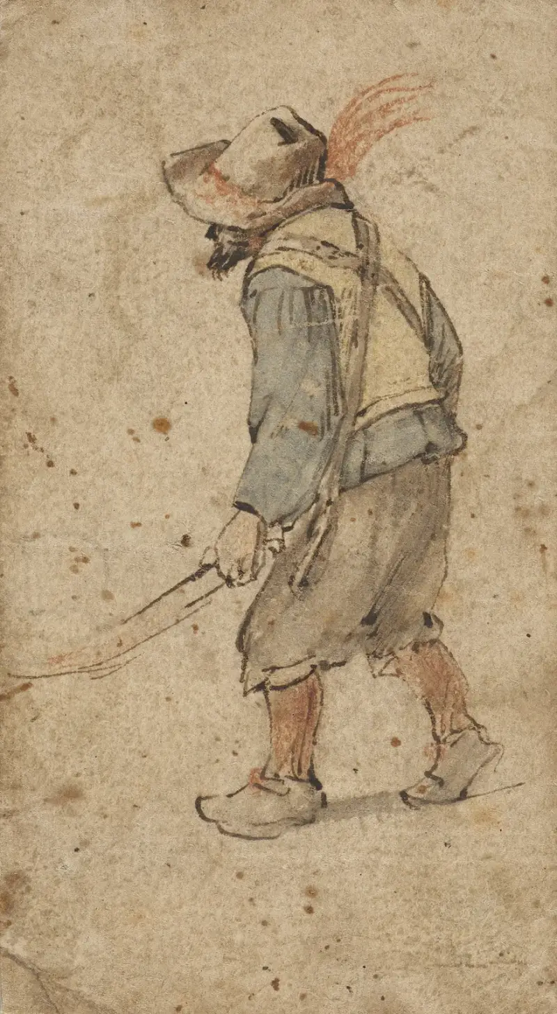 Bonde i ställning som en man som kör en skottkärra av Hendrick Avercamp