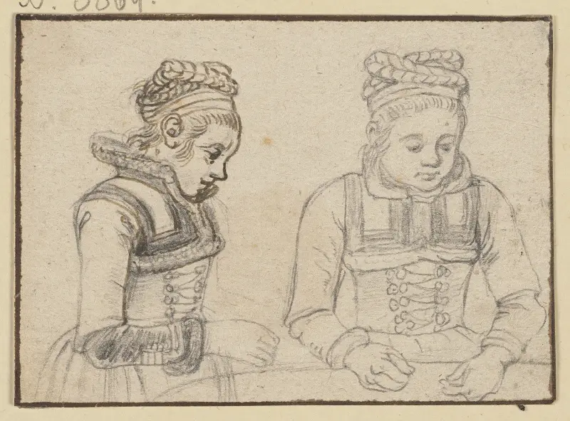 Byst av en flicka i profil och framifrån av Hendrick Avercamp
