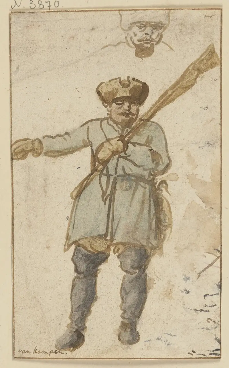 Ein Jäger mit Gewehr und Pelzmütze av Hendrick Avercamp