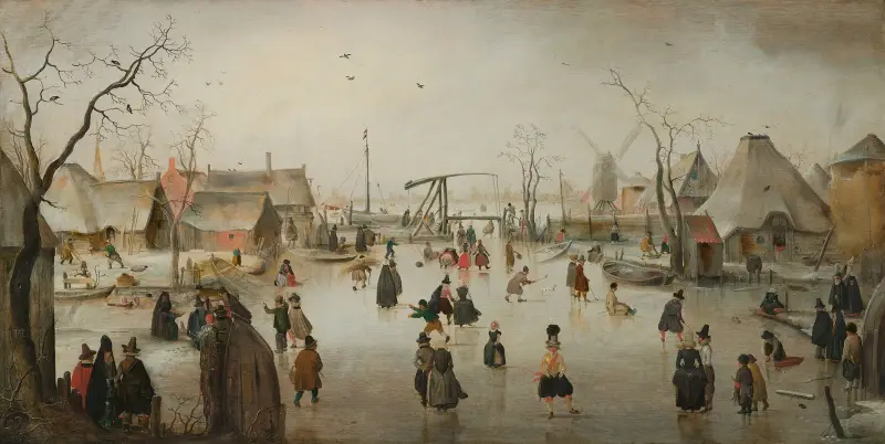 Skridskoåkning i en by av Hendrick Avercamp