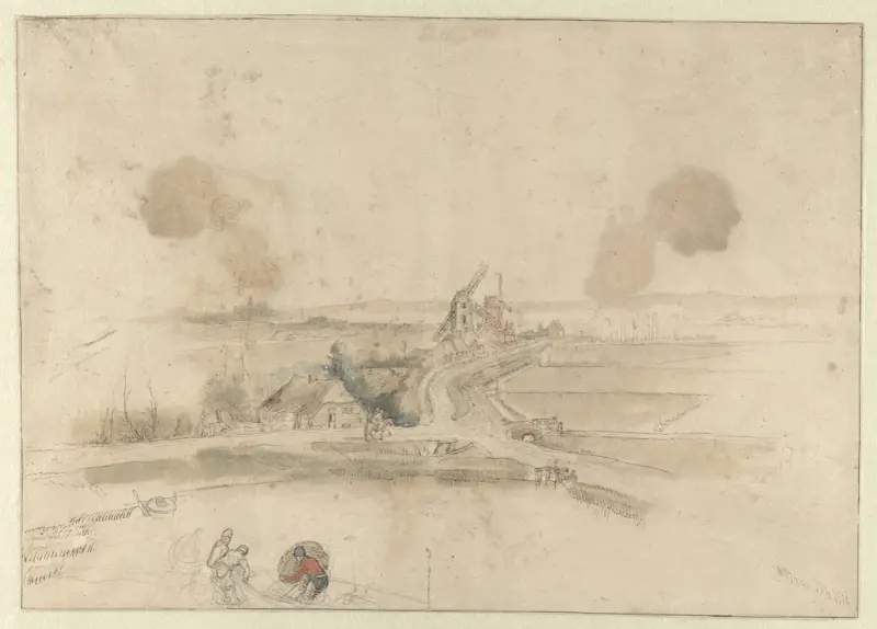 Landskap med hus och två väderkvarnar längs en väg, med tre fiskare i förgrunden av Hendrick Avercamp