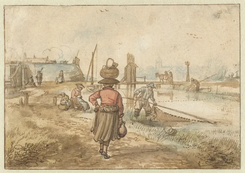 Flodlandskap med en kvinna som bär en korg på huvudet, fiskare och andra figurer nära en stadsmur av Hendrick Avercamp
