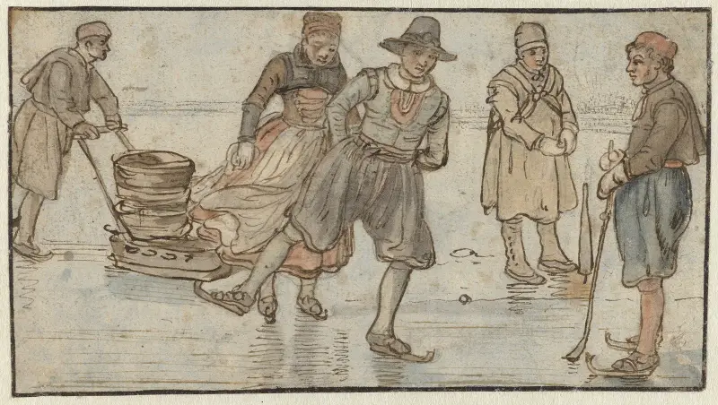 Schlittschuhläufer auf dem Eis, ein Mann, der einen Schlitten schiebt, und ein Kolfspieler von Hendrick Avercamp