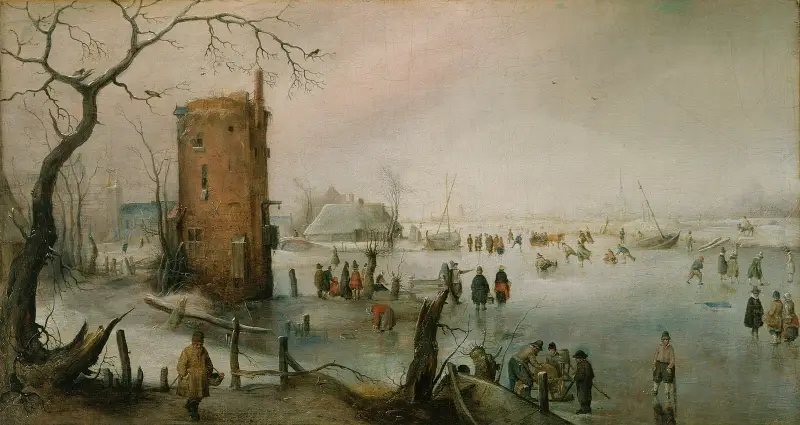 Schlittschuhlaufen in der Nähe einer Stadt von Hendrick Avercamp
