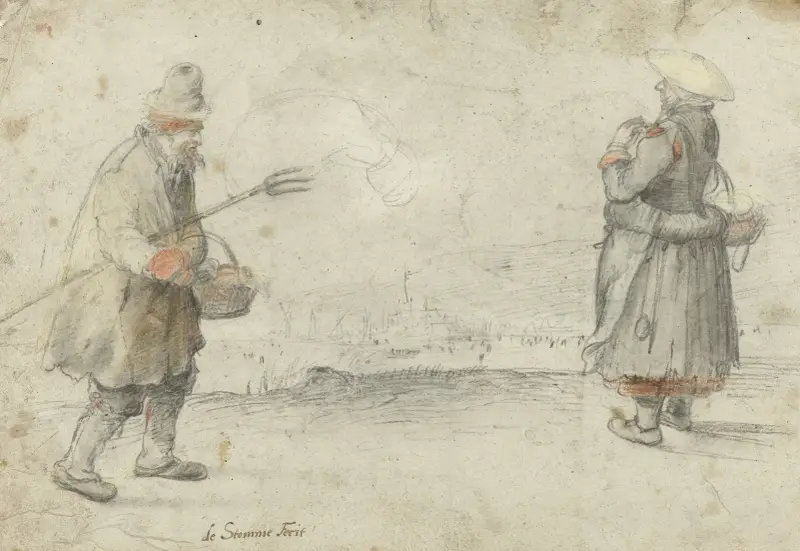 Studien eines Mannes und einer Frau am Ufer eines zugefrorenen Flusses, mit einer Stadt in der Ferne von Hendrick Avercamp