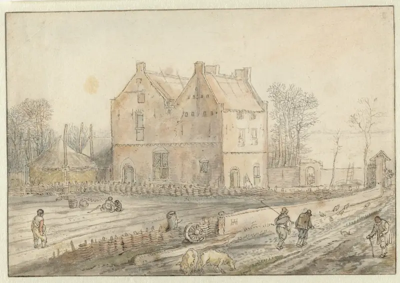 Vy över ett lanthus med sådd i fält av Hendrick Avercamp