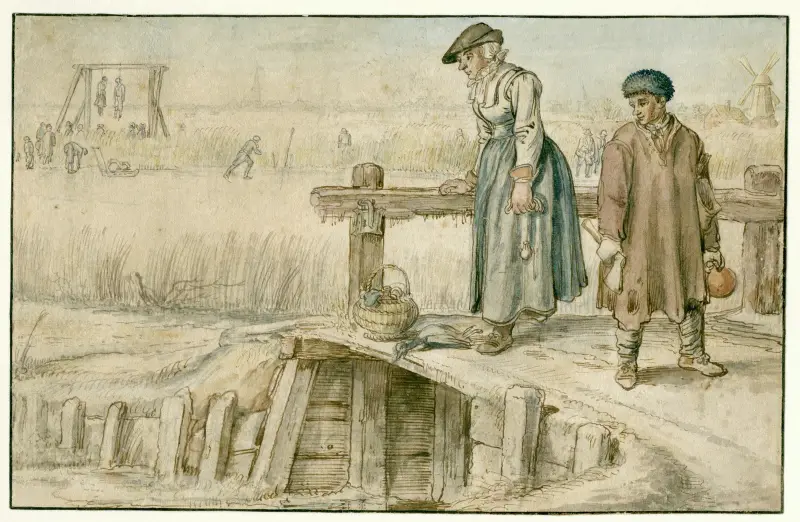 Vinterlandskap med en kvinna och en yngling på en liten bro, skridskor och en galge i bakgrunden av Hendrick Avercamp
