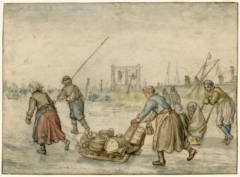 Vinterlandskap med två kvinnor och en släde och andra figurer på isen, en galge i fjärran av Hendrick Avercamp