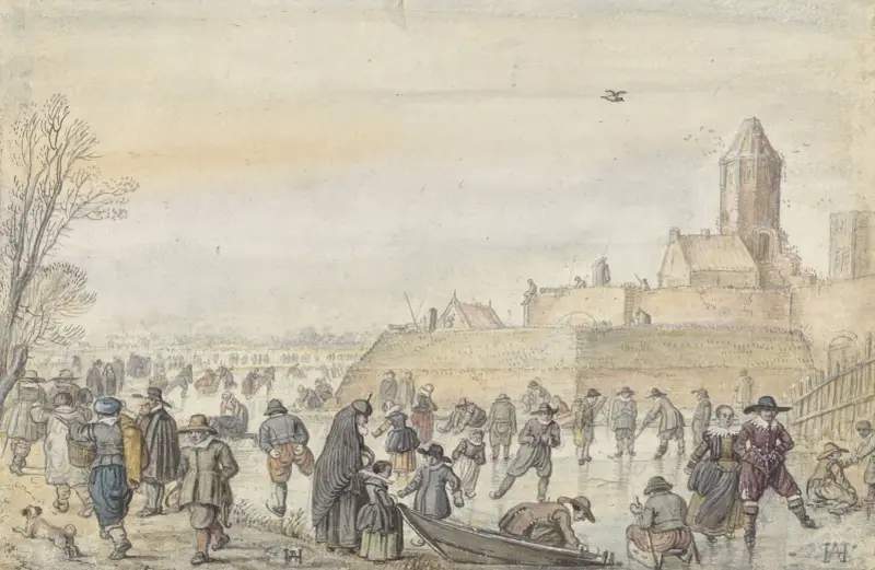 Vinterscen på den frusna kanalen vid Kalverhekkenpoort, Kampen av Hendrick Avercamp