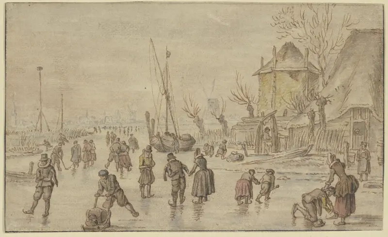 Winterlandschaft, auf dem Eis viele Schlittschuhläufer, rechts schnallt ein Mann einer Frau die Schlittschuhe an von Hendrick Avercamp