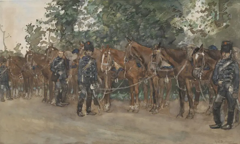 Husarer stående vid sina hästar längs vägkanten av George Hendrik Breitner