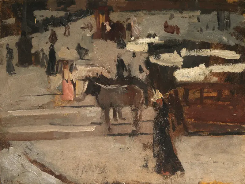 Pferdestraßenbahn und Figuren auf einem Platz von George Hendrik Breitner