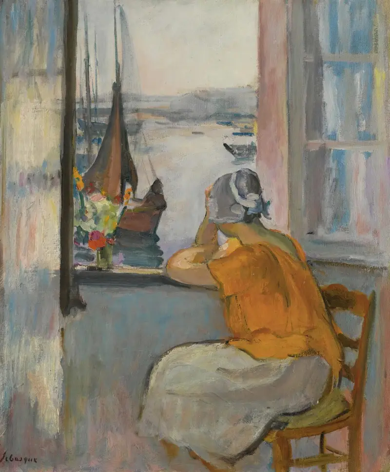 Ung kvinna framför det öppna fönstret på Île d'Yeu av Henri Lebasque