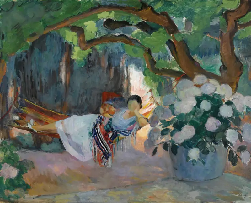 Le Pradet, ung kvinna i hängmatta (Nono) av Henri Lebasque