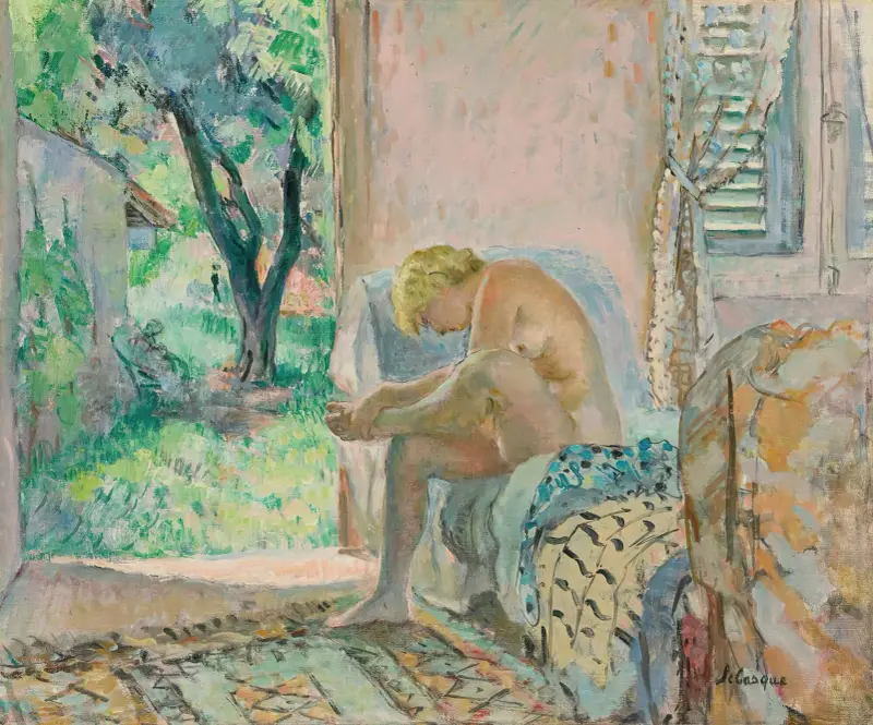 Sitzender Akt auf einem Sofa in Fensternähe von Henri Lebasque
